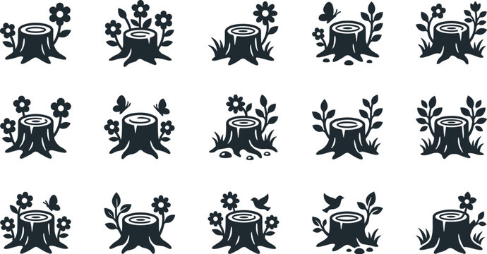 Set of black and white tree stump icons with flowers and leaves.