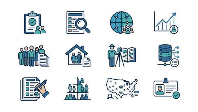Set of census and population survey data collection icons.
