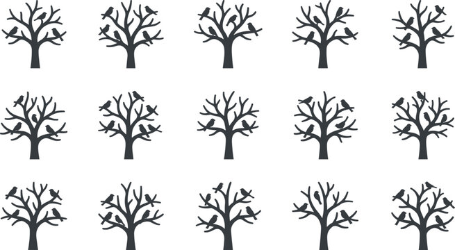 Collection of silhouetted bare trees with perched crows and ravens.