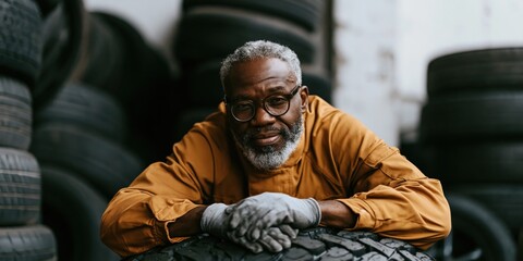 Fototapeta premium Mature mechanic resting on tire in tire warehouse background for service poster and automotive maintenance design