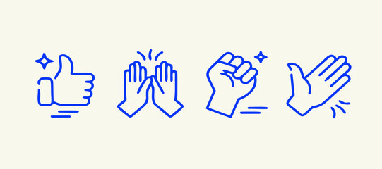Fototapeta premium Blue line icons of hands showing approval celebration and success on a light background