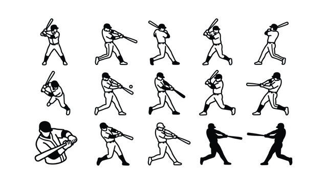 Set of baseball player silhouettes in various batting stances and swinging motions.