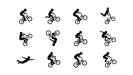 Naklejka premium Set of silhouettes of people performing various extreme stunts on bmx bicycles.