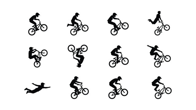 Set of silhouettes of people performing various extreme stunts on bmx bicycles.