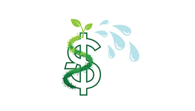 A green dollar sign features a leafy vine wrapping around the character while fresh water droplets splash from the right side area today, ok.