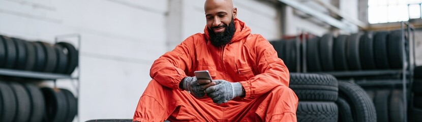 Fototapeta premium Mechanic in orange coveralls sitting on tires using smartphone in tire shop background for automotive service banner and workshop design