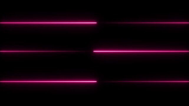 Three horizontal glowing pink neon lines on a black background featuring a split screen effect with light pulses moving across the frame
