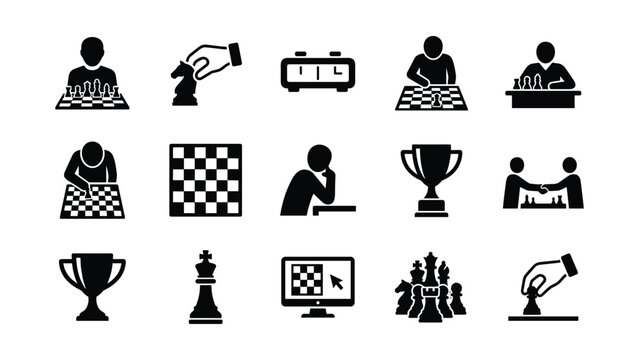 Set of fifteen black and white chess icons.