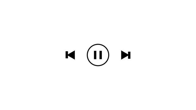 Black media player control including skip back pause and skip forward buttons centered on a solid white background for digital interface use