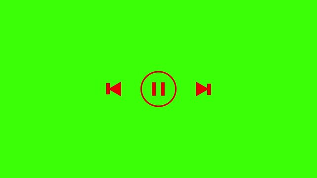Red media player control including skip back pause and skip forward buttons centered on a solid bright green screen background for editing