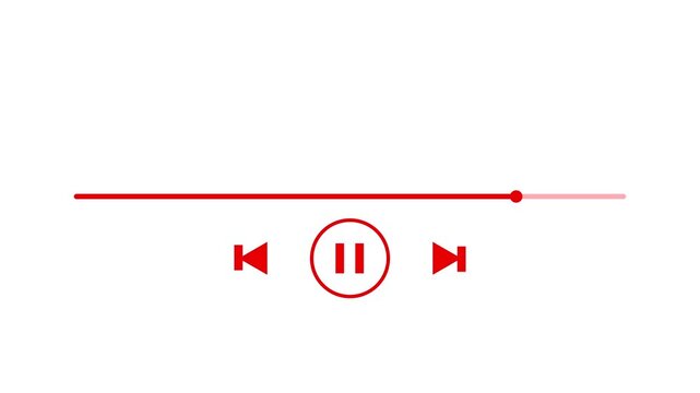 Red media player progress bar with pause button and skip on a white background for digital interface and web application usage