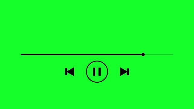 Black media player progress bar with pause button and skip on a green background for chroma key editing and digital interface