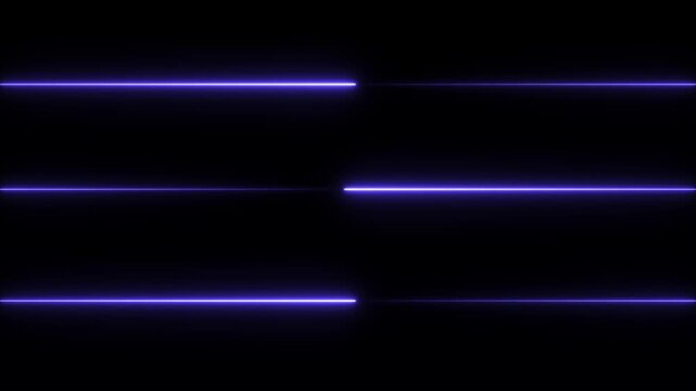 Three horizontal glowing purple neon lines on a black background featuring a split screen effect with light pulses moving across the frame