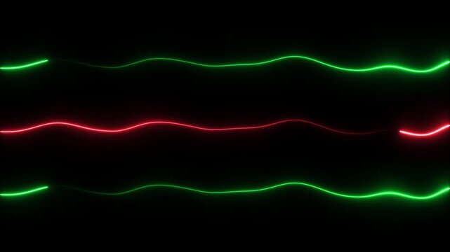 Three parallel horizontal wavy neon lines in vibrant green and red colors glowing against a solid black background creating a rhythmic pattern