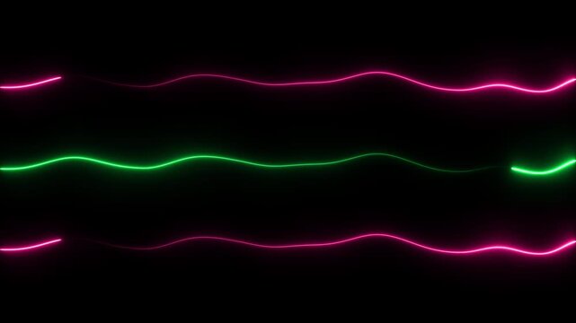 Three parallel horizontal wavy neon lines in vibrant pink and green colors glowing against a solid black background creating a rhythmic pattern