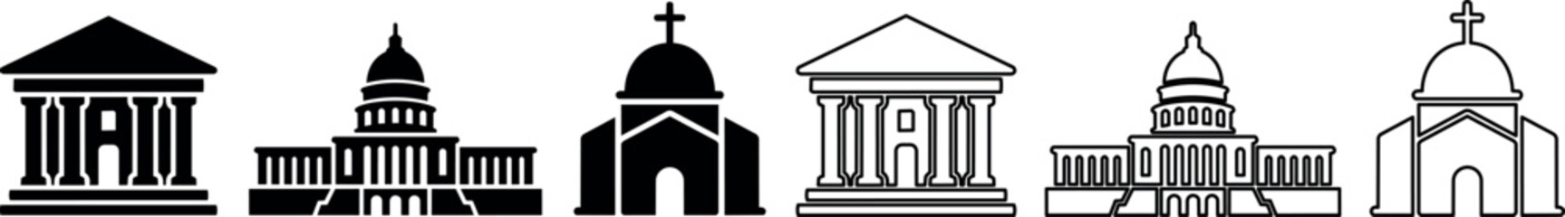 Obraz premium Set of classical building, capitol dome, and church silhouette icons