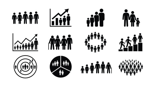 Set of black and white demographic and population data icons.