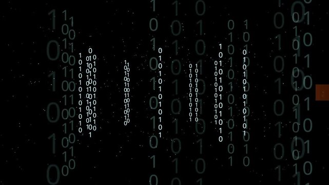 Digital Binary Code Data Stream with Glowing Orange Light Flare on Black Background