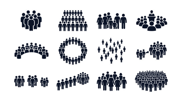 Collection of people icon sets representing various group arrangements and social structures.