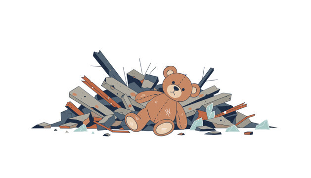 A sad teddy bear rests amidst a chaotic pile of broken concrete debris and sharp glass shards on a clean, bright, and simple white background.