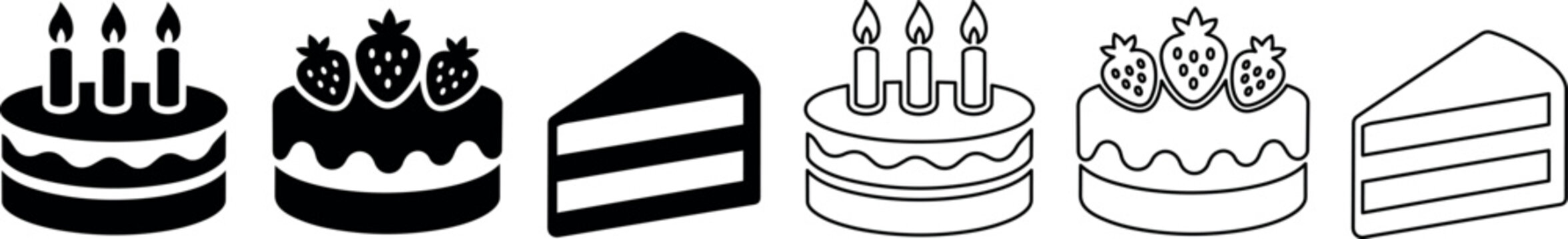Set of six cake and birthday cake slice icons with candles and strawberries