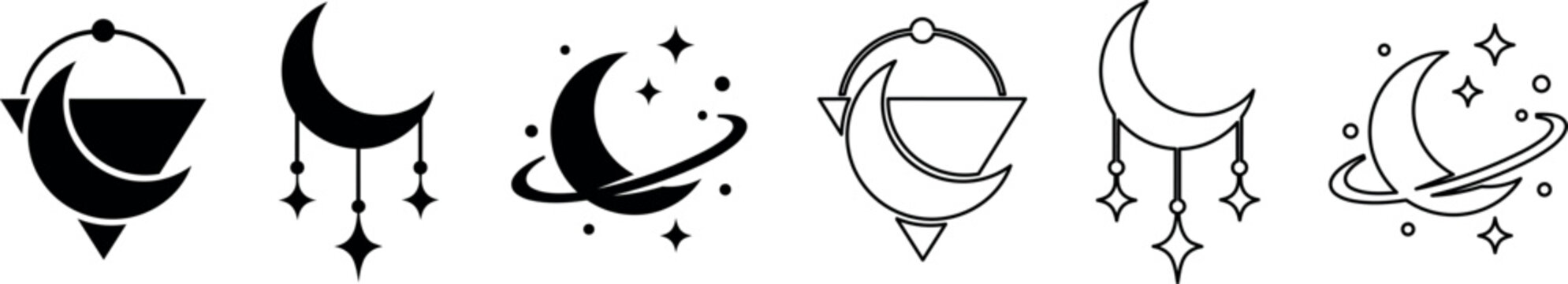 Set of crescent moon icons with geometric and star elements in solid and outline styles
