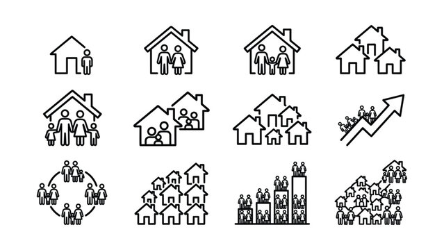 Set of line icons representing population housing and family demographics.