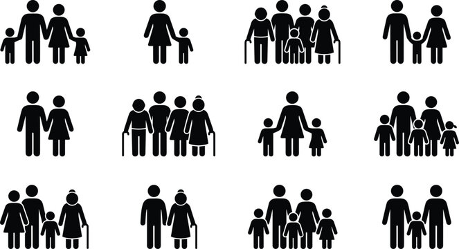 Set of stick figure family icons representing different generations and family structures.