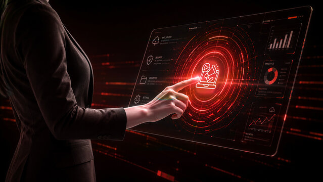 Futuristic digital marketing automation interface featuring campaign management, online advertising, customer engagement, and data-driven marketing technology solutions.