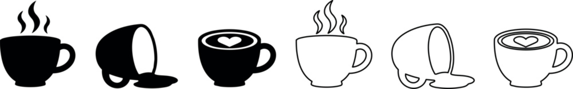 Set of coffee cup icons with steam, spilled liquid, and heart latte art
