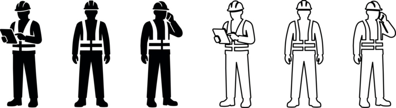 Set of construction worker silhouettes with safety helmet and vest holding tablet and phone
