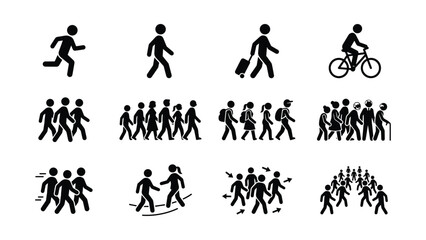 Set of human stick figure pictograms showing various walking running and cycling activities. © punokawan