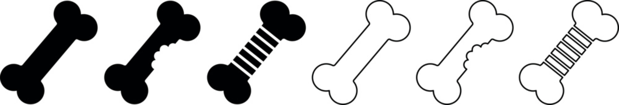 Dog bone icons with bite and wrapped variations in black and white