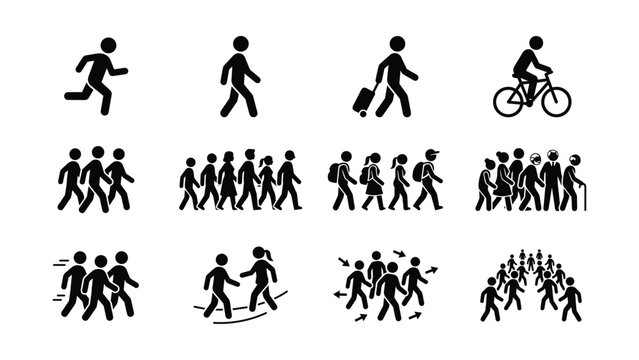 Set of human stick figure pictograms showing various walking running and cycling activities.