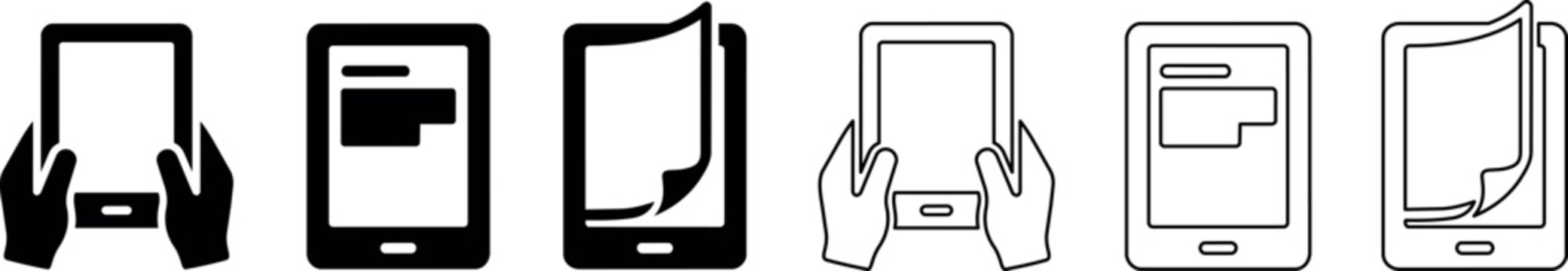 E-book reader icons depicting hands holding, device with text, and page turning