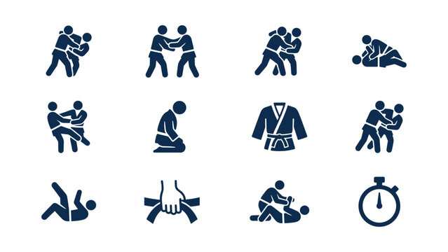 Set of flat blue judo icons representing martial arts techniques and equipment.