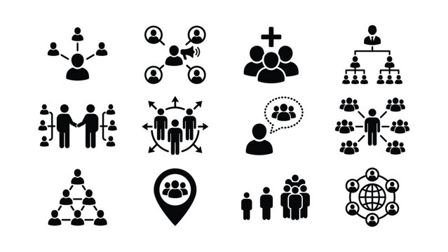 Set of black business management and organizational hierarchy vector icons.