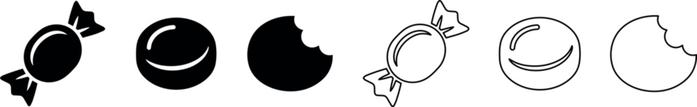Candy and bitten round candy icons in black and outline styles