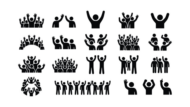 Set of black silhouette icons depicting cheering crowds and happy people with raised arms.