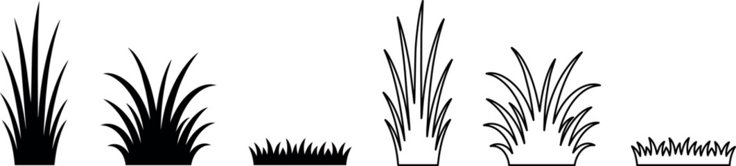 Obraz premium Set of black grass silhouettes and line art clumps