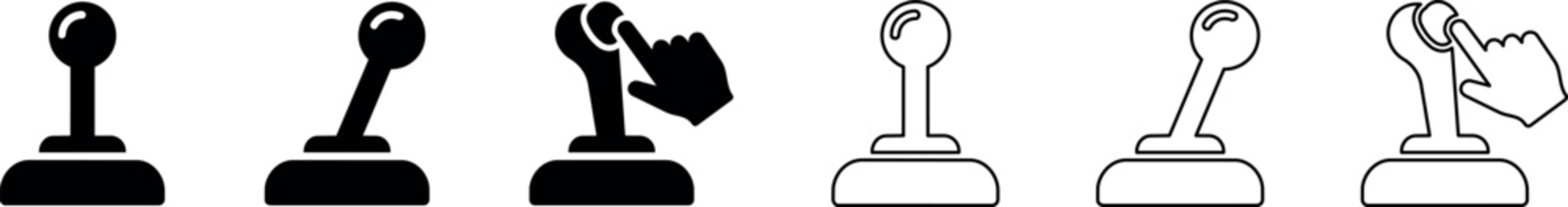 Game joystick icons with hand pressing button in black and outline styles