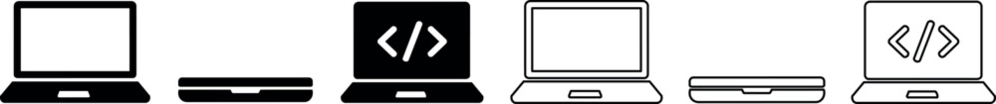 Set of laptop icons with and without code symbols in black and outline styles