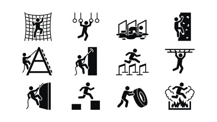 Obstacle course training icons set for fitness and military sports. © tr