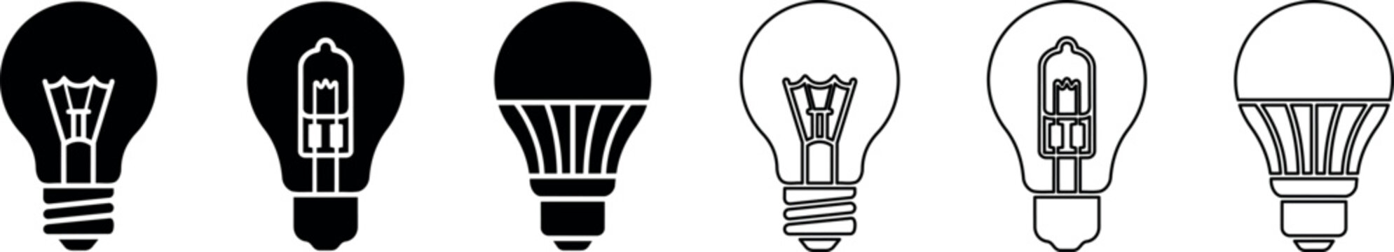 Set of traditional and LED light bulb icons in solid and outline styles