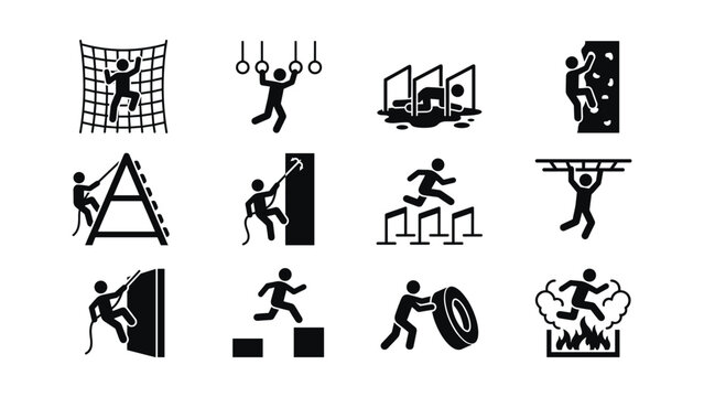 Obstacle course training icons set for fitness and military sports.