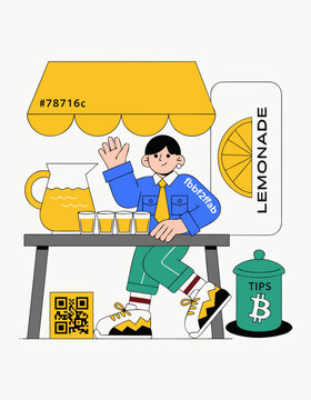 Young lemonade seller with QR code payment and bitcoin tip jar