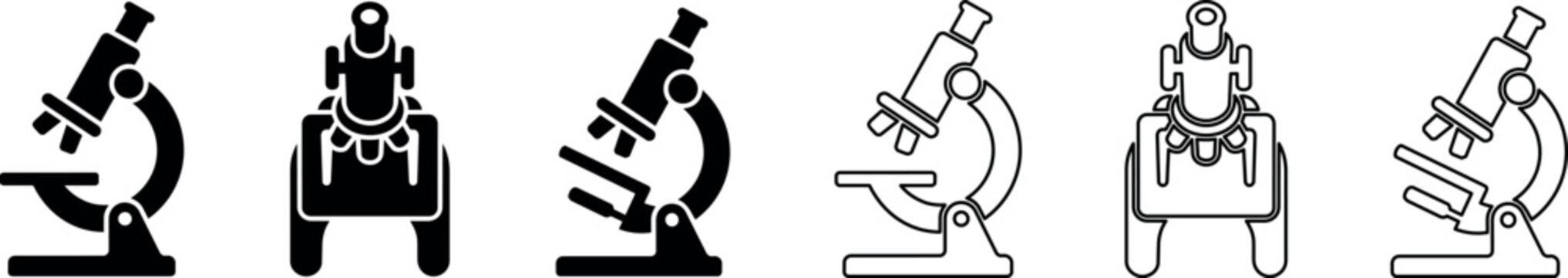 Set of black and white microscope icons in front and side view