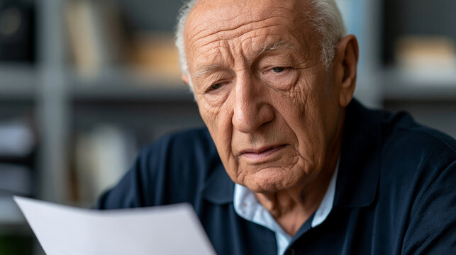 Elderly man experiencing financial stress and worry, reading a complicated document with a sad expression amidst paperwork problems and debt concerns