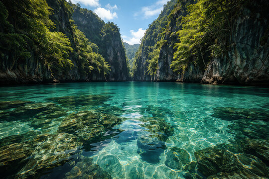 Crystal Clear Turquoise Lagoon Between Lush Tropical Cliffs With Sunlit Rocks and Calm Nature Travel Scenery