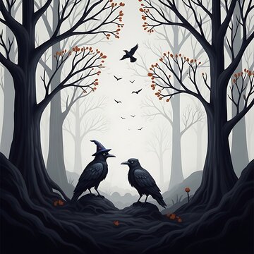 Two Crows Perched in Mysterious Moonlit Forest Scene.